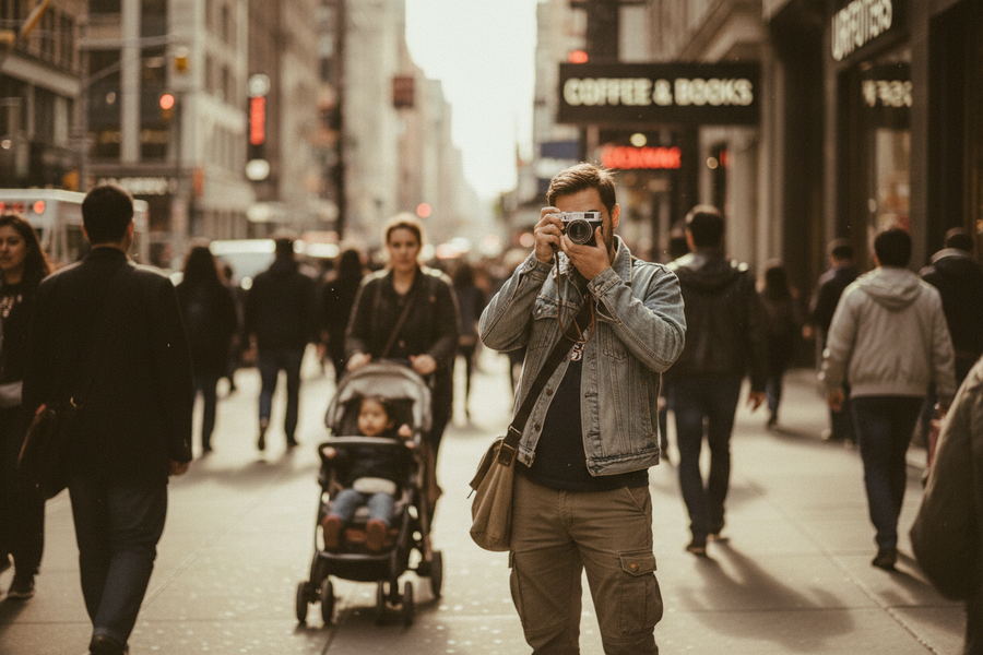 rangefinder photographer in busy street